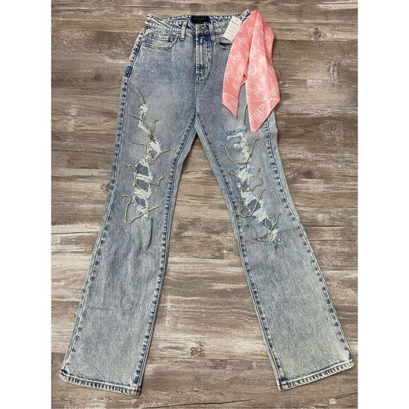 Juicy Couture Light Washed Straight Rhinestone Jean Sz 25 - Picture 1 of 6